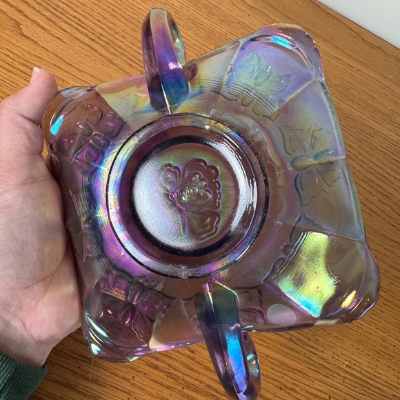 Fenton Iridescent Purple Carnival Glass Candy Dish with Handles Butterfly Rose - Picture 6 of 11